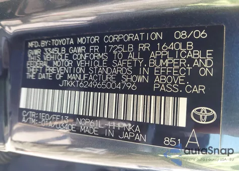 2006 Scion Xa z USA, uszkodzony, nr VIN JTKKT624965004796